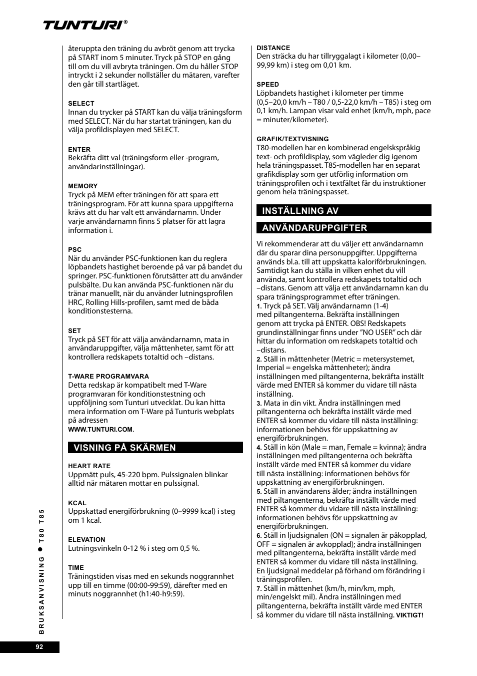 Tunturi T80 User Manual | Page 92 / 116