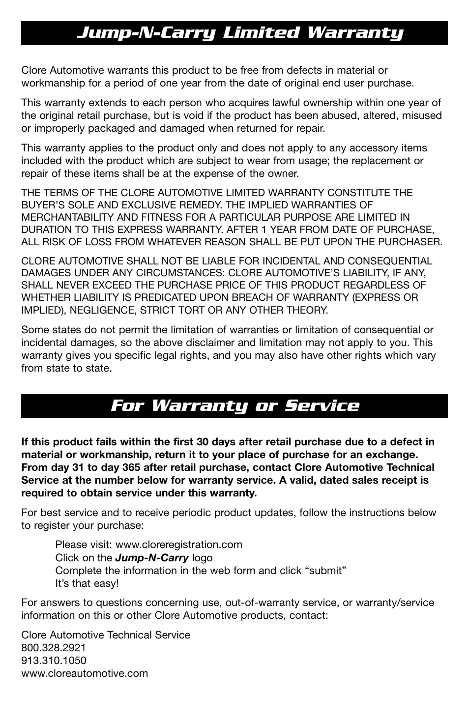 Jump-n-carry limited warranty, For warranty or service | T-Tech 12 Volt Power Supply & Jump Starter JNCXFE User Manual | Page 10 / 32