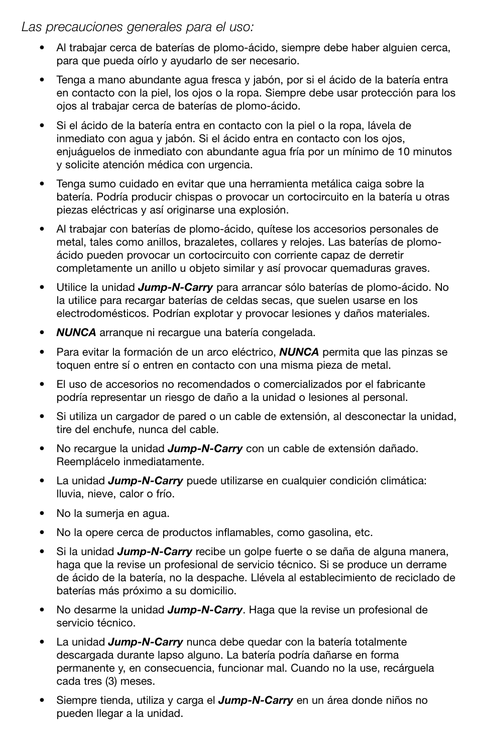 Las precauciones generales para el uso | T-Tech 12 Volt Power Supply & Jump Starter JNCXFE User Manual | Page 13 / 32