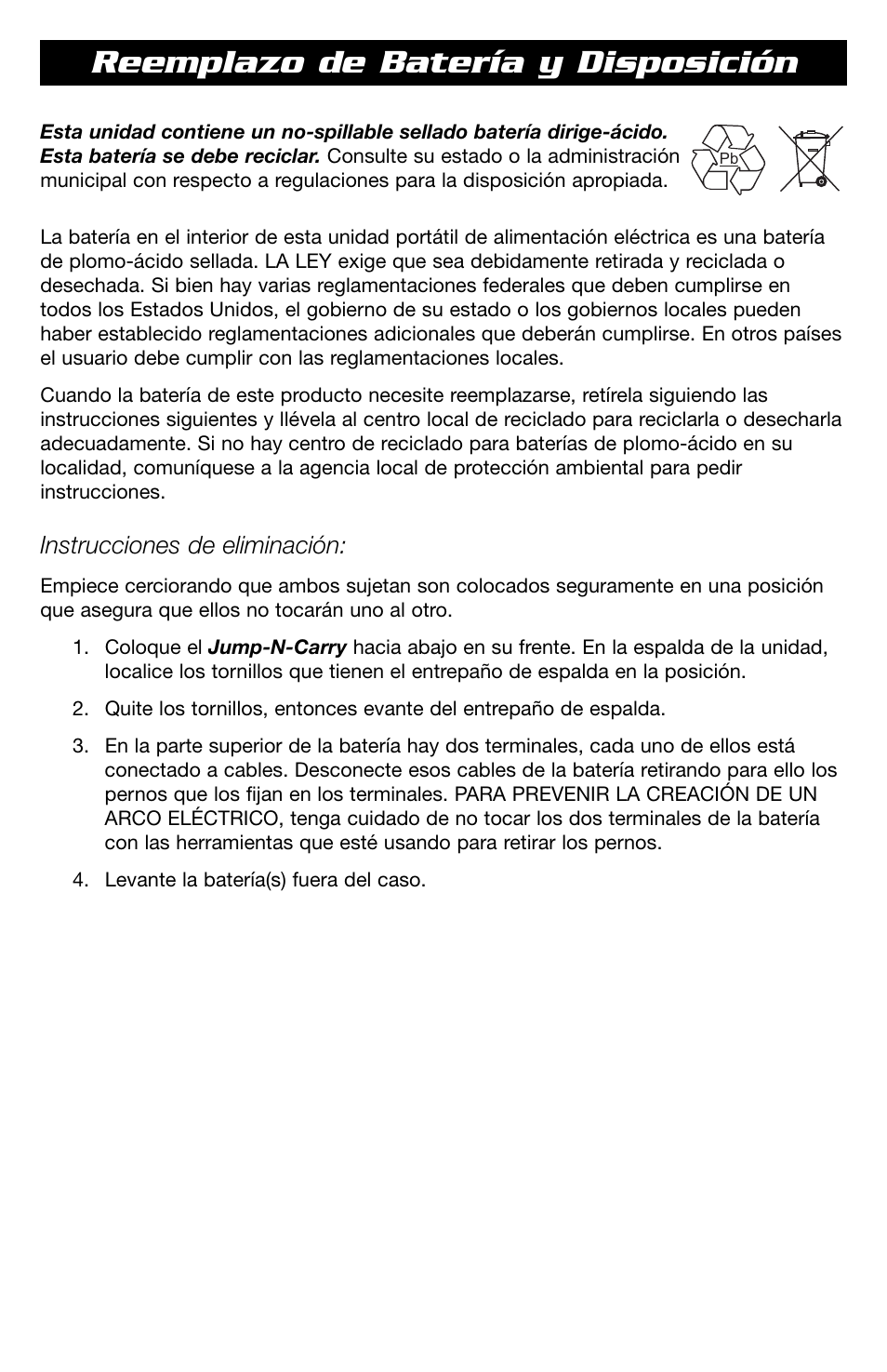 Reemplazo de batería y disposición, Instrucciones de eliminación | T-Tech 12 Volt Power Supply & Jump Starter JNCXFE User Manual | Page 19 / 32