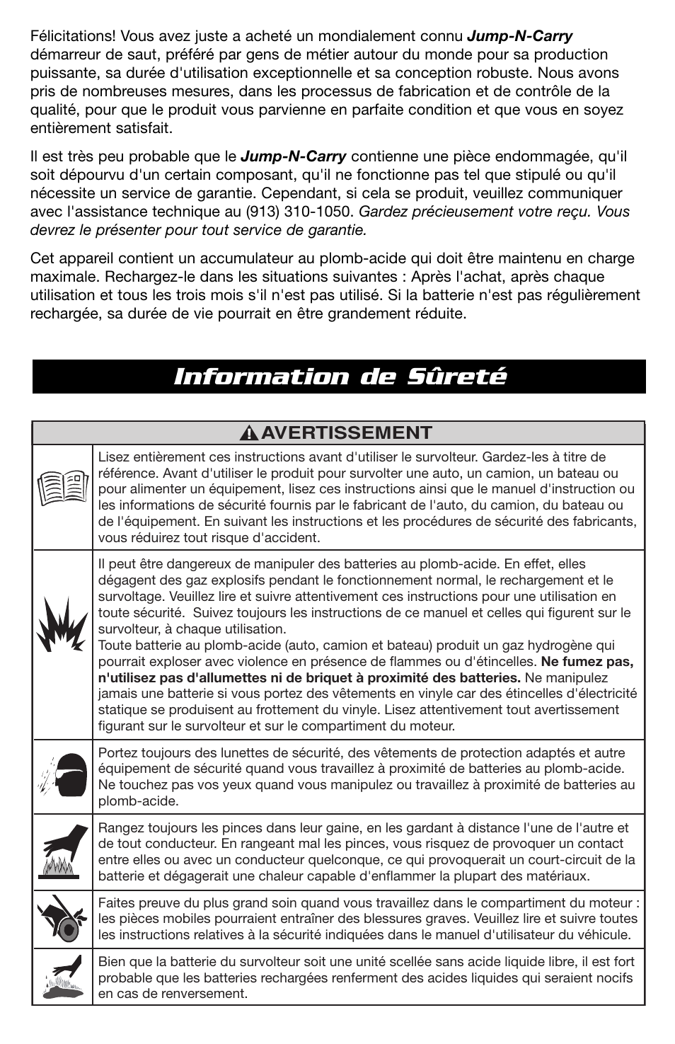 Information de sûreté, Avertissement | T-Tech 12 Volt Power Supply & Jump Starter JNCXFE User Manual | Page 22 / 32