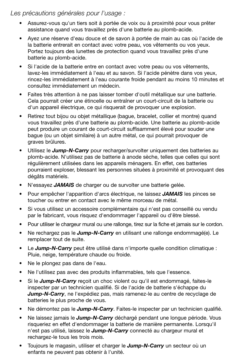 Les précautions générales pour l'usage | T-Tech 12 Volt Power Supply & Jump Starter JNCXFE User Manual | Page 23 / 32