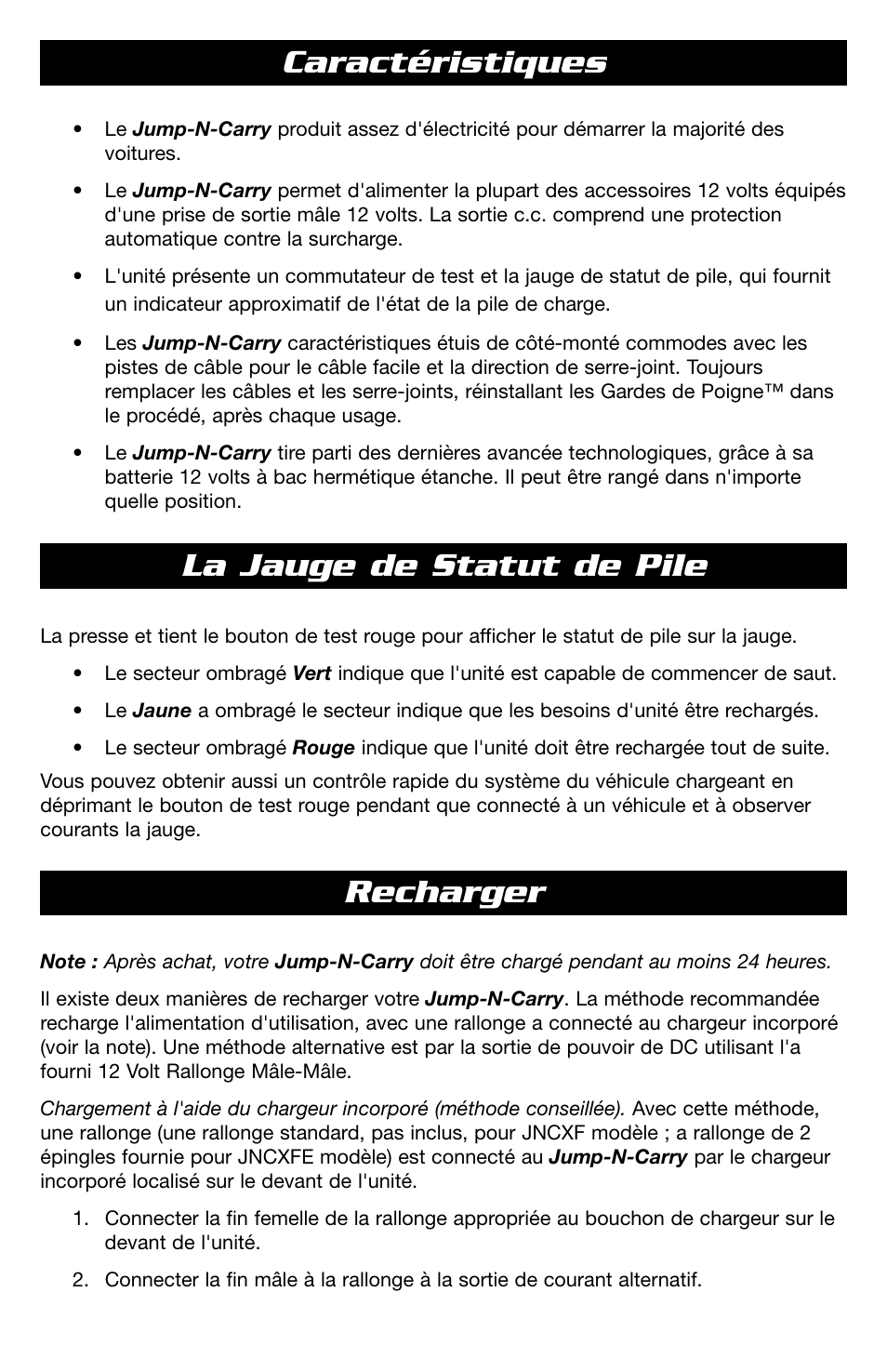 Caractéristiques recharger, La jauge de statut de pile | T-Tech 12 Volt Power Supply & Jump Starter JNCXFE User Manual | Page 24 / 32