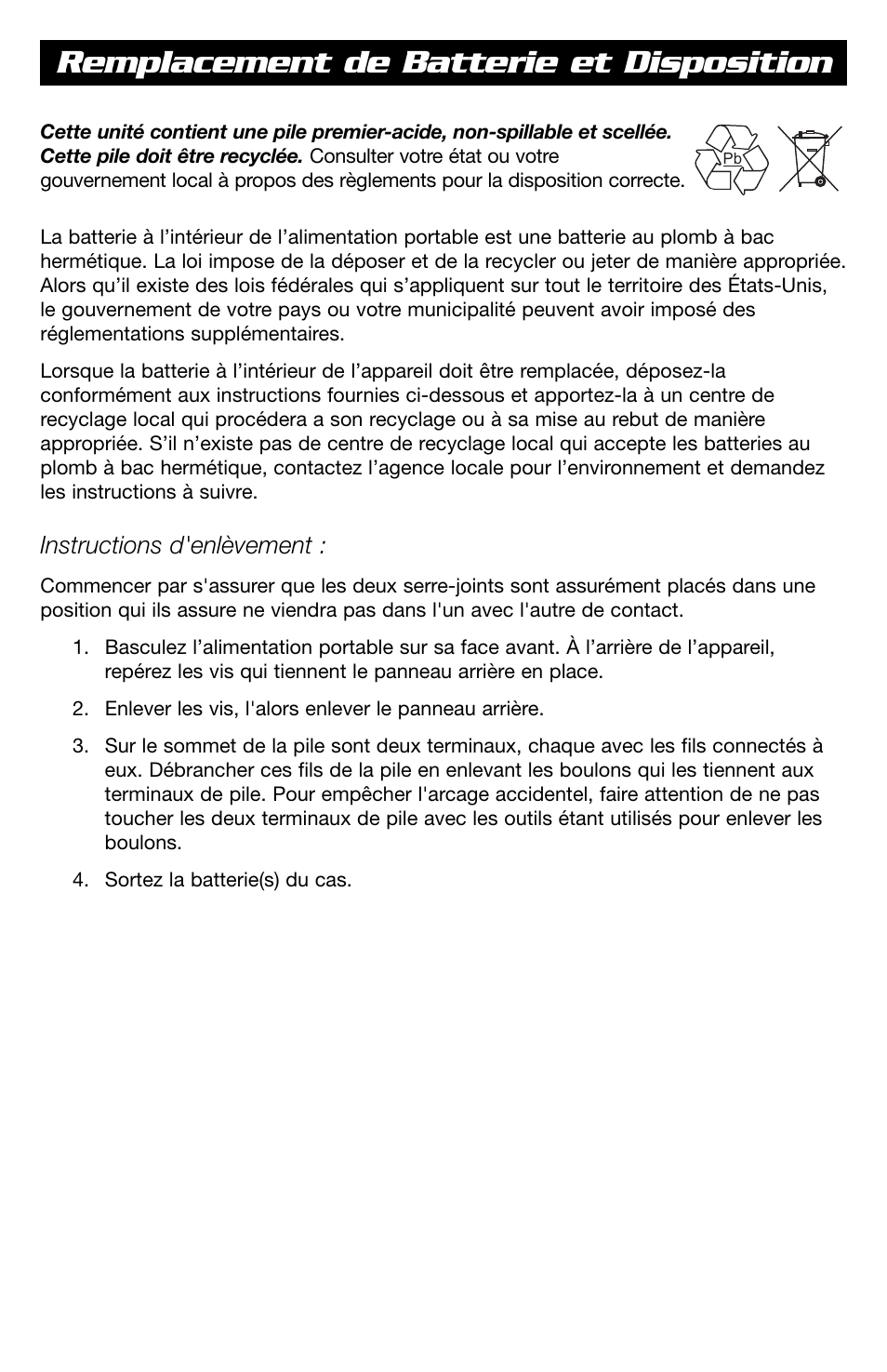 Remplacement de batterie et disposition, Instructions d'enlèvement | T-Tech 12 Volt Power Supply & Jump Starter JNCXFE User Manual | Page 29 / 32