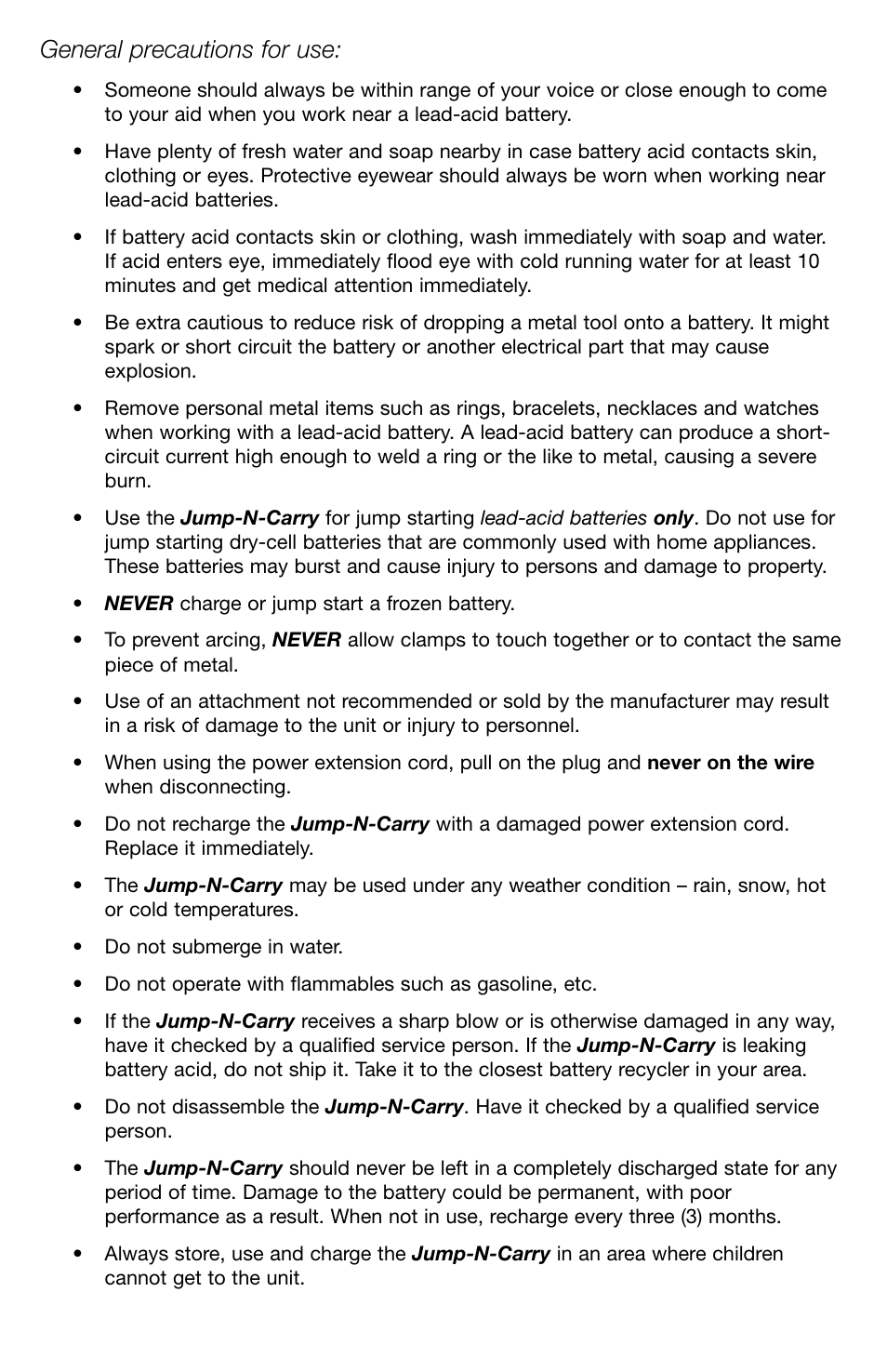 General precautions for use | T-Tech 12 Volt Power Supply & Jump Starter JNCXFE User Manual | Page 3 / 32