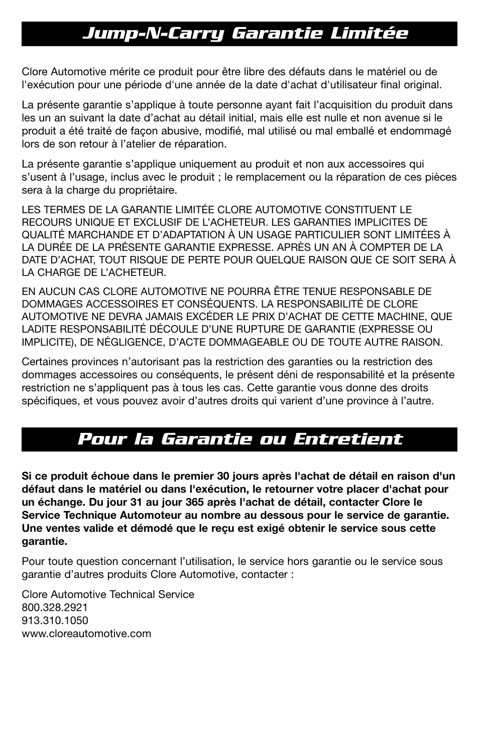 Jump-n-carry garantie limitée, Pour la garantie ou entretient | T-Tech 12 Volt Power Supply & Jump Starter JNCXFE User Manual | Page 30 / 32