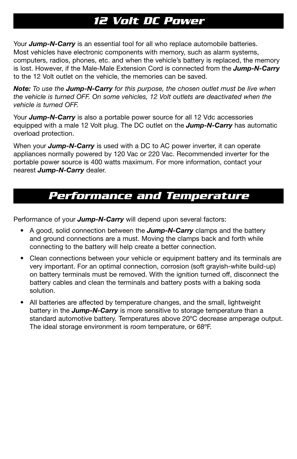 12 volt dc power, Performance and temperature | T-Tech 12 Volt Power Supply & Jump Starter JNCXFE User Manual | Page 6 / 32