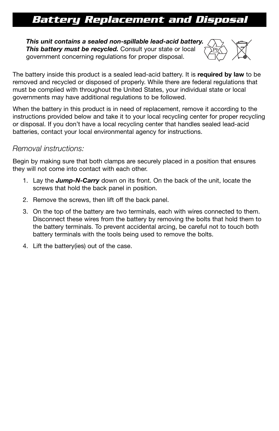 Battery replacement and disposal, Removal instructions | T-Tech 12 Volt Power Supply & Jump Starter JNCXFE User Manual | Page 9 / 32