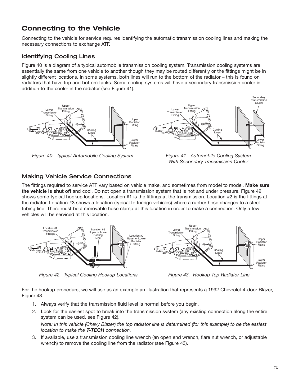 Connecting to the vehicle, Identifying cooling lines, Making vehicle service connections | T-Tech TT100 User Manual | Page 15 / 38