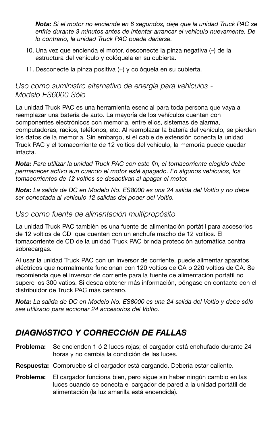 Diagnóstico y corrección de fallas, Uso como fuente de alimentación multipropósito | T-Tech ES8000 User Manual | Page 17 / 32