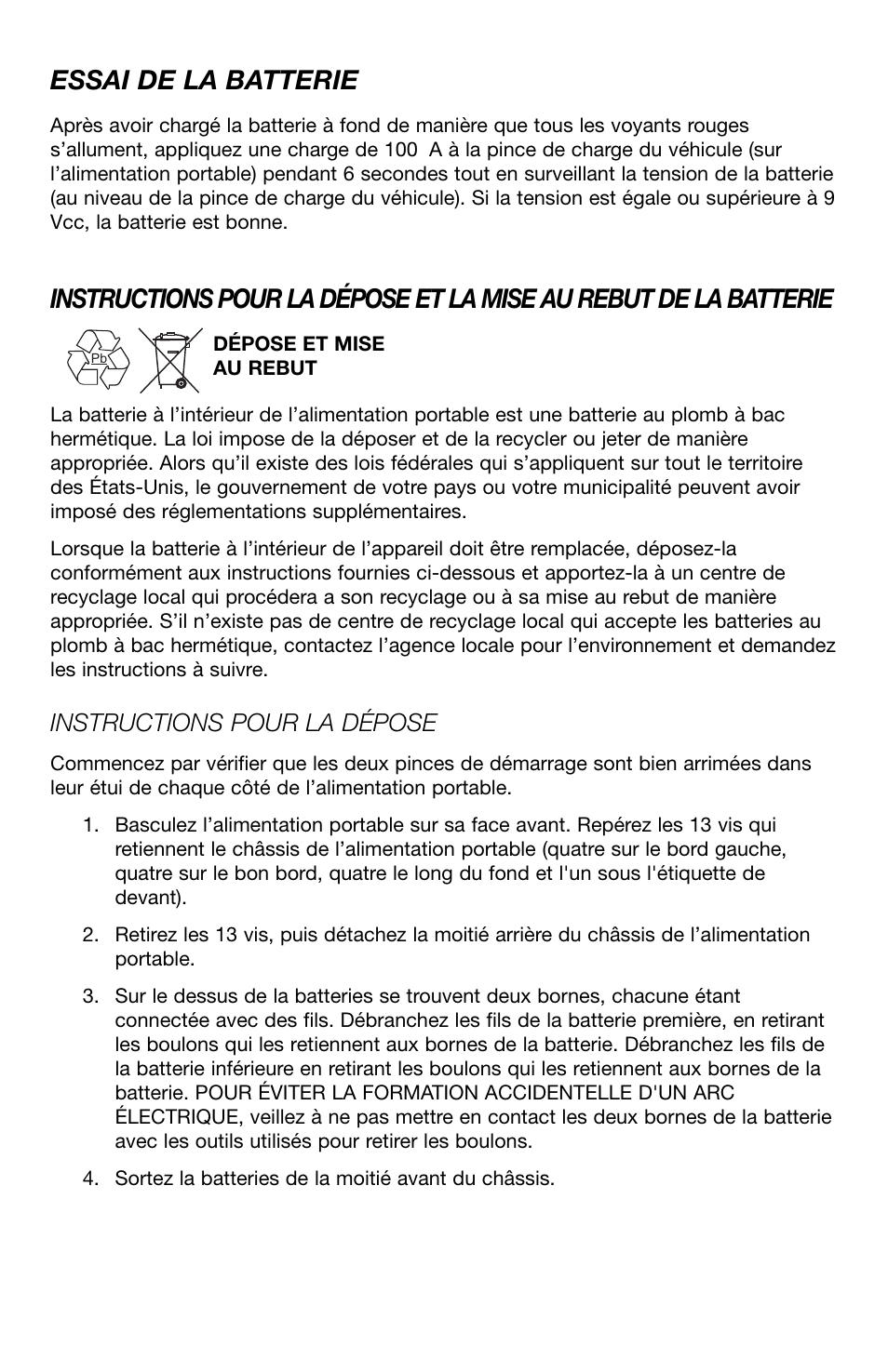 Essai de la batterie, Instructions pour la dépose | T-Tech ES8000 User Manual | Page 30 / 32