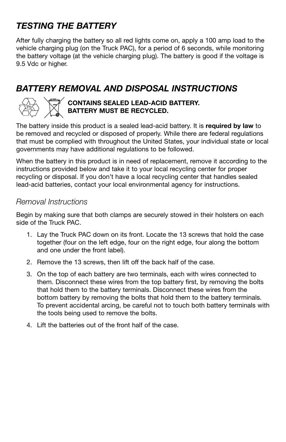 Testing the battery, Battery removal and disposal instructions, Removal instructions | T-Tech ES8000 User Manual | Page 9 / 32