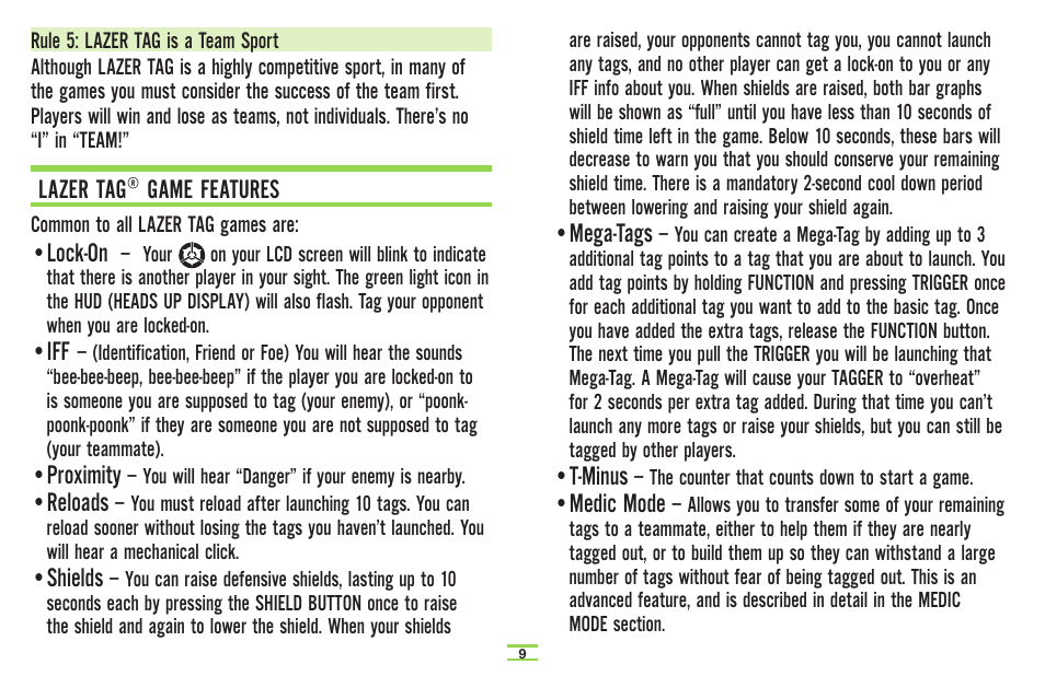 Lock-on, Proximity, Reloads | Shields, Lazer tag® game features, Mega-tags, T-minus, Medic mode | TAG Player System User Manual | Page 11 / 28