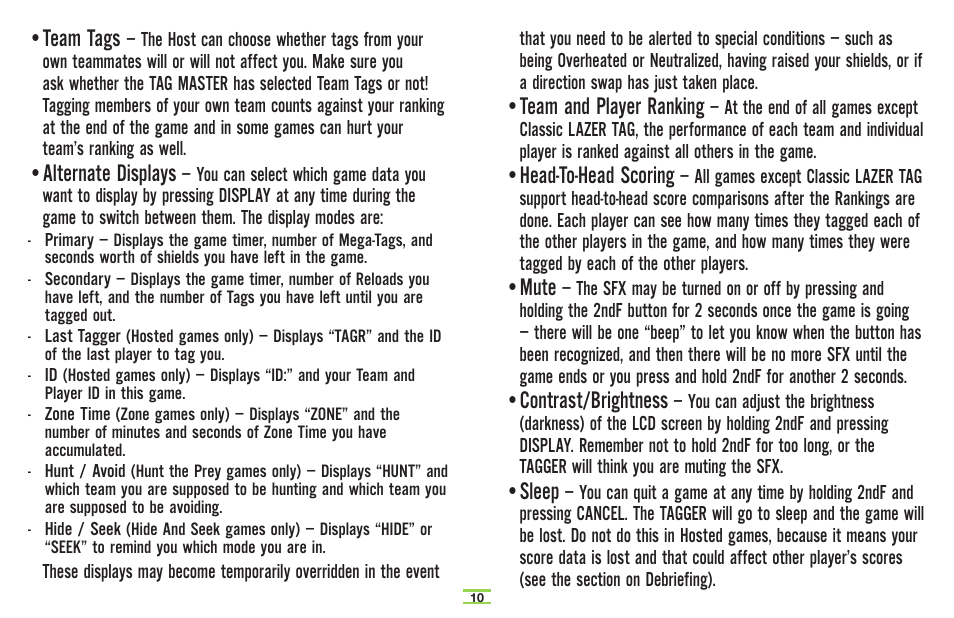 Team tags, Alternate displays, Team and player ranking | Head-to-head scoring, Mute, Contrast/brightness, Sleep | TAG Player System User Manual | Page 12 / 28