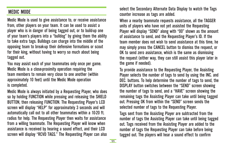 Medic mode | TAG Player System User Manual | Page 13 / 28