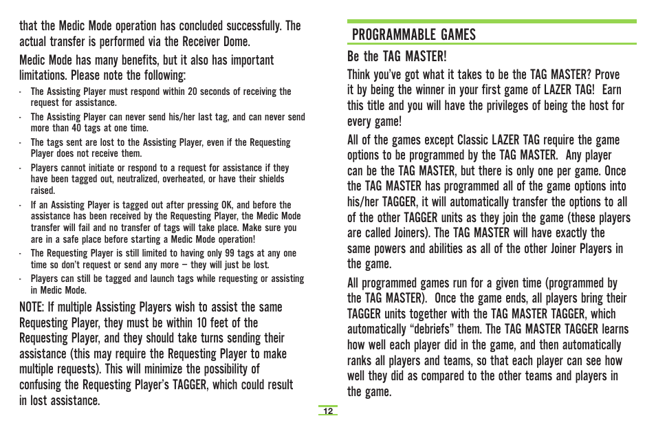 Programmable games, Be the tag master | TAG Player System User Manual | Page 14 / 28