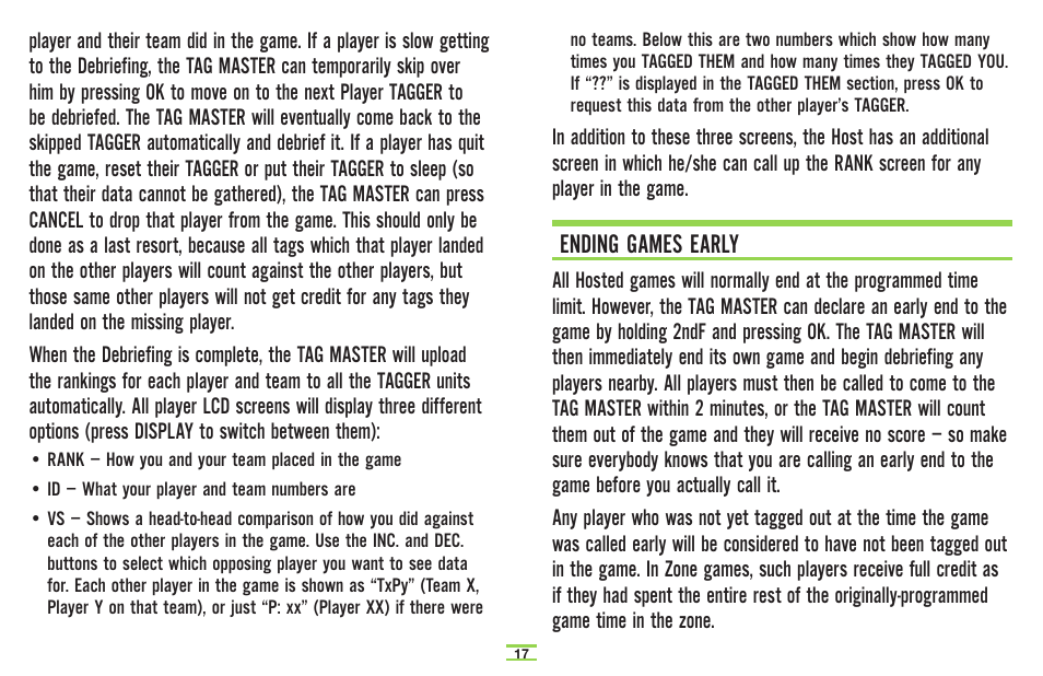 Ending games early | TAG Player System User Manual | Page 19 / 28