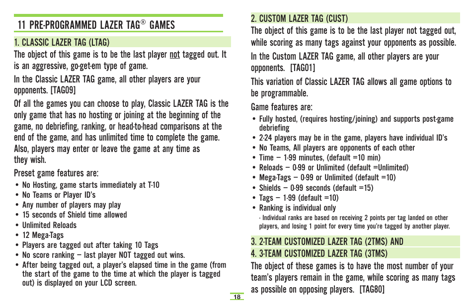 11 pre-programmed lazer tag® games | TAG Player System User Manual | Page 20 / 28
