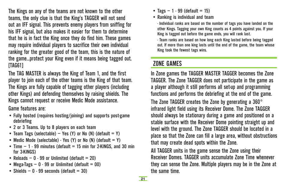 Zone games | TAG Player System User Manual | Page 23 / 28