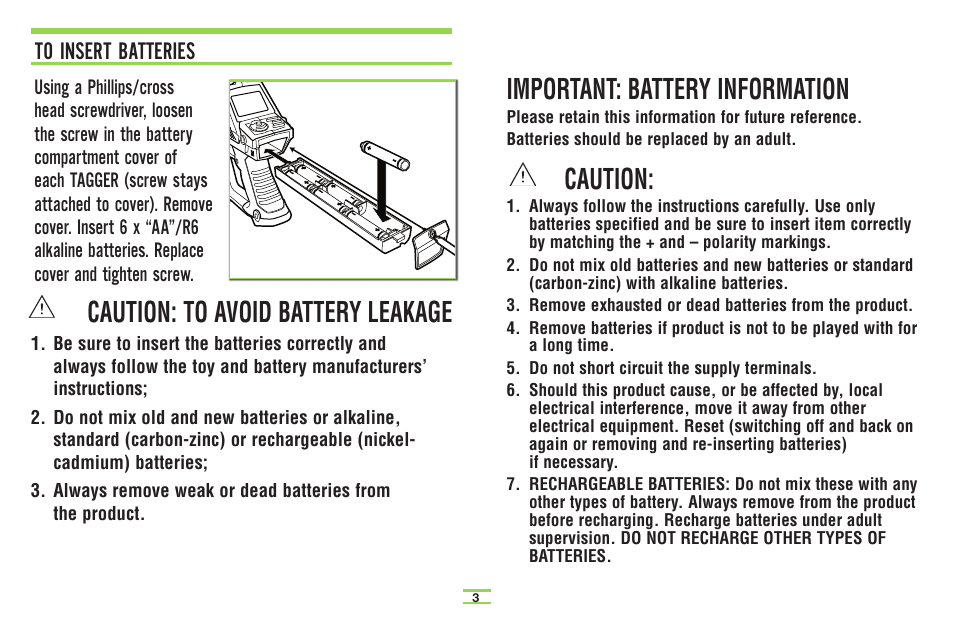 Important: battery information, Caution, Caution: to avoid battery leakage | TAG Player System User Manual | Page 5 / 28