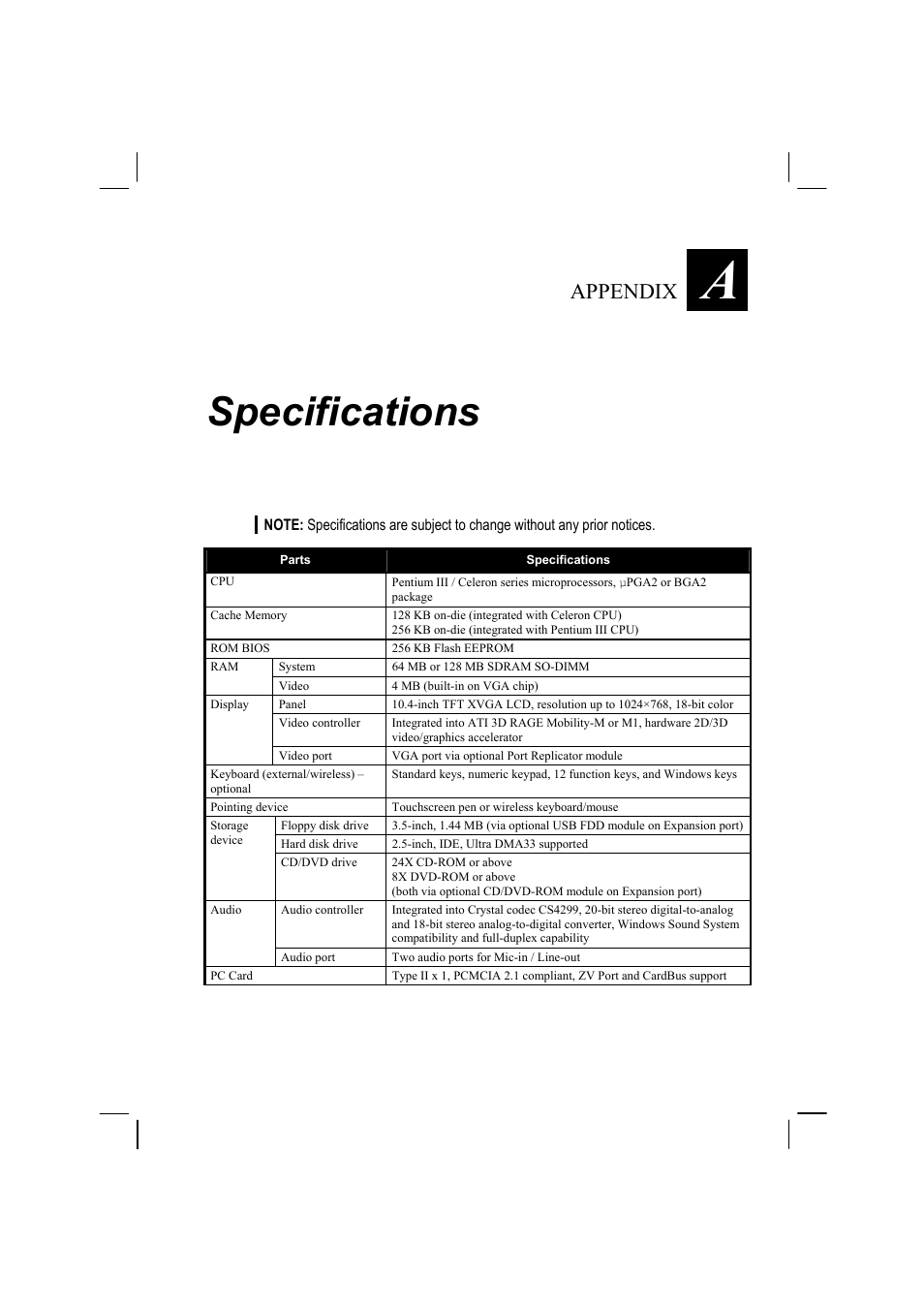 Specifications, Appendix | TAG MIL-BOOK 10 User Manual | Page 104 / 105