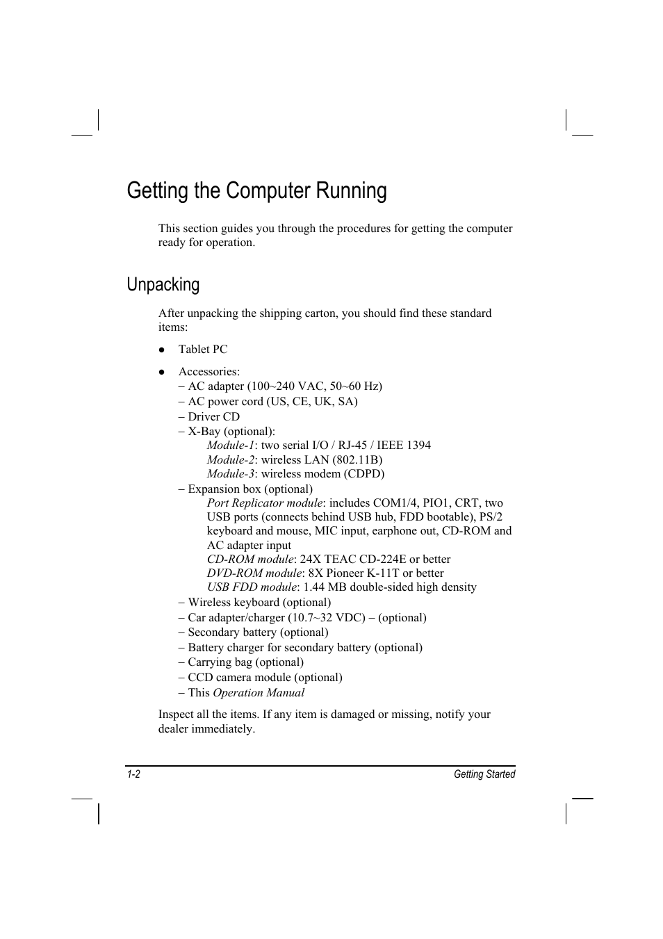 Getting the computer running, Unpacking | TAG MIL-BOOK 10 User Manual | Page 4 / 105