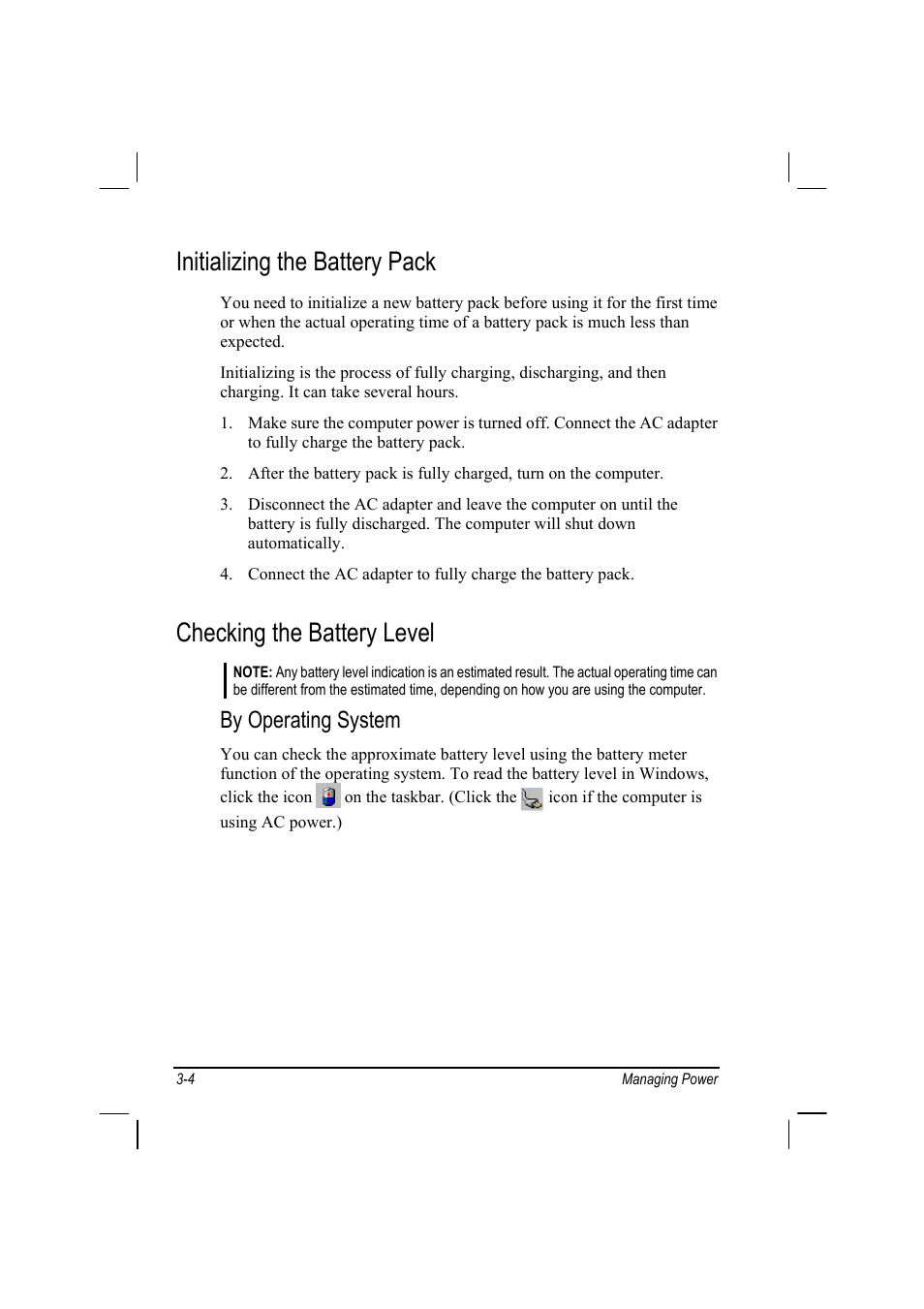 Initializing the battery pack, Checking the battery level, By operating system | TAG MIL-BOOK 10 User Manual | Page 42 / 105