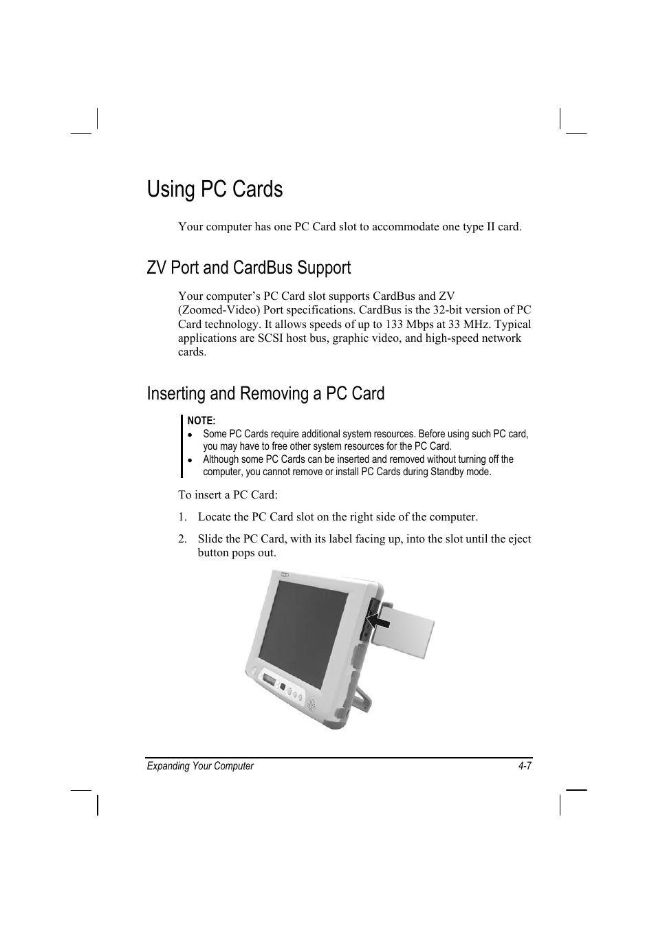 Using pc cards, Zv port and cardbus support, Inserting and removing a pc card | TAG MIL-BOOK 10 User Manual | Page 55 / 105