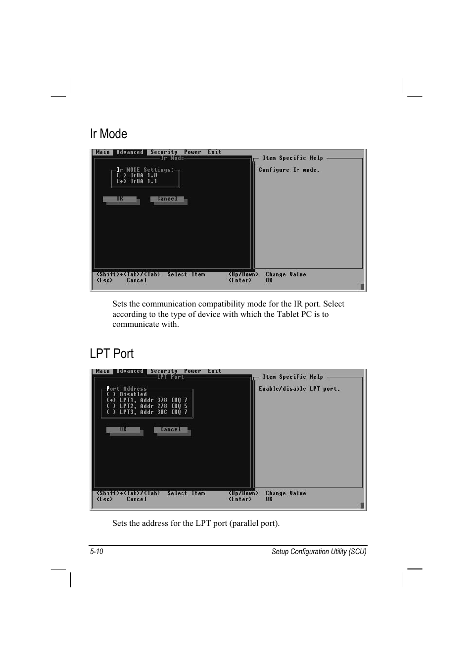 Ir mode, Lpt port | TAG MIL-BOOK 10 User Manual | Page 67 / 105