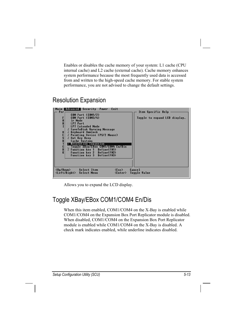 Resolution expansion, Toggle xbay/ebox com1/com4 en/dis | TAG MIL-BOOK 10 User Manual | Page 70 / 105