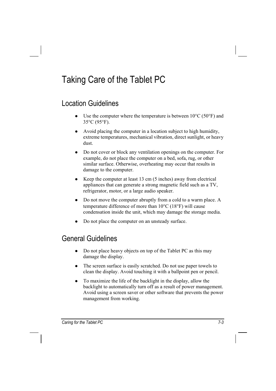 Taking care of the tablet pc, Location guidelines, General guidelines | TAG MIL-BOOK 10 User Manual | Page 86 / 105
