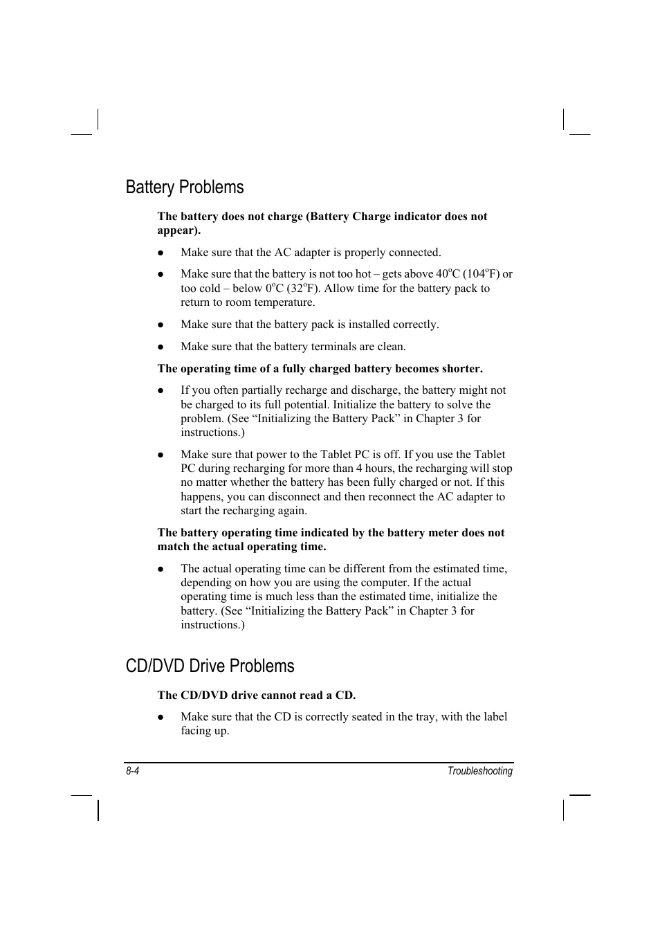 Battery problems, Cd/dvd drive problems | TAG MIL-BOOK 10 User Manual | Page 92 / 105