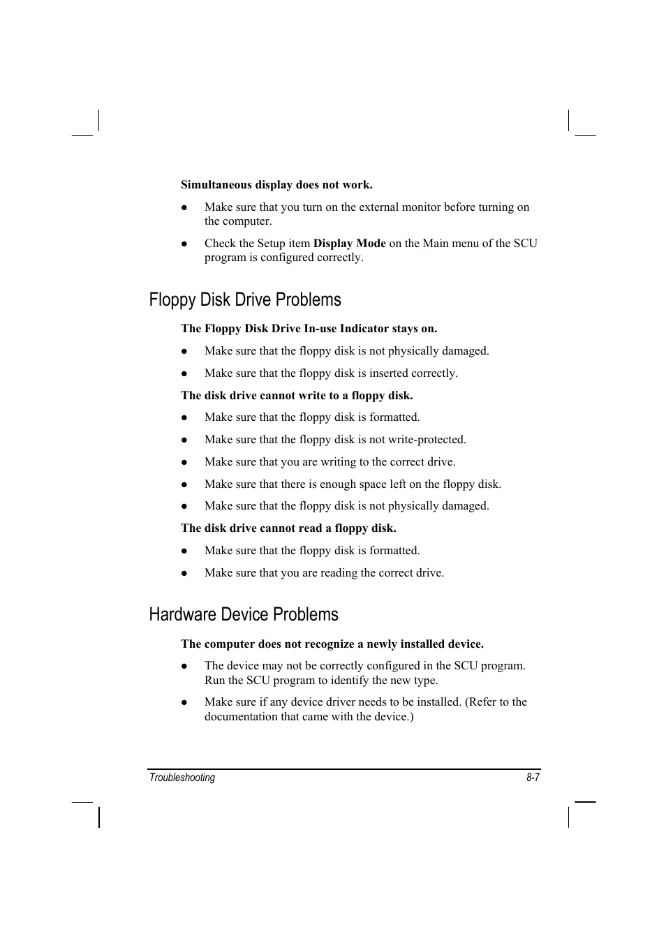 Floppy disk drive problems, Hardware device problems | TAG MIL-BOOK 10 User Manual | Page 95 / 105