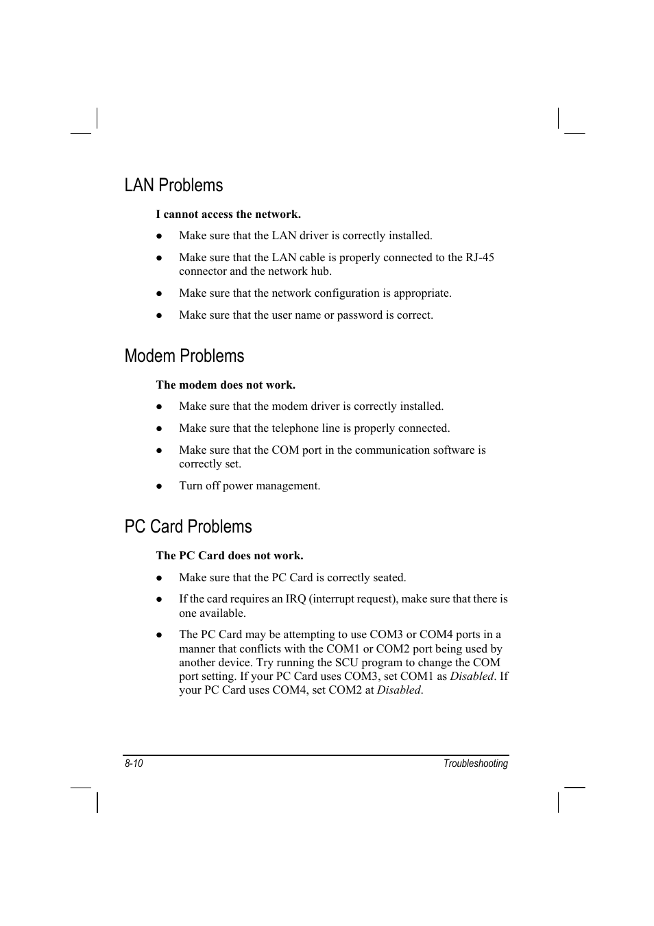 Lan problems, Modem problems, Pc card problems | TAG MIL-BOOK 10 User Manual | Page 98 / 105