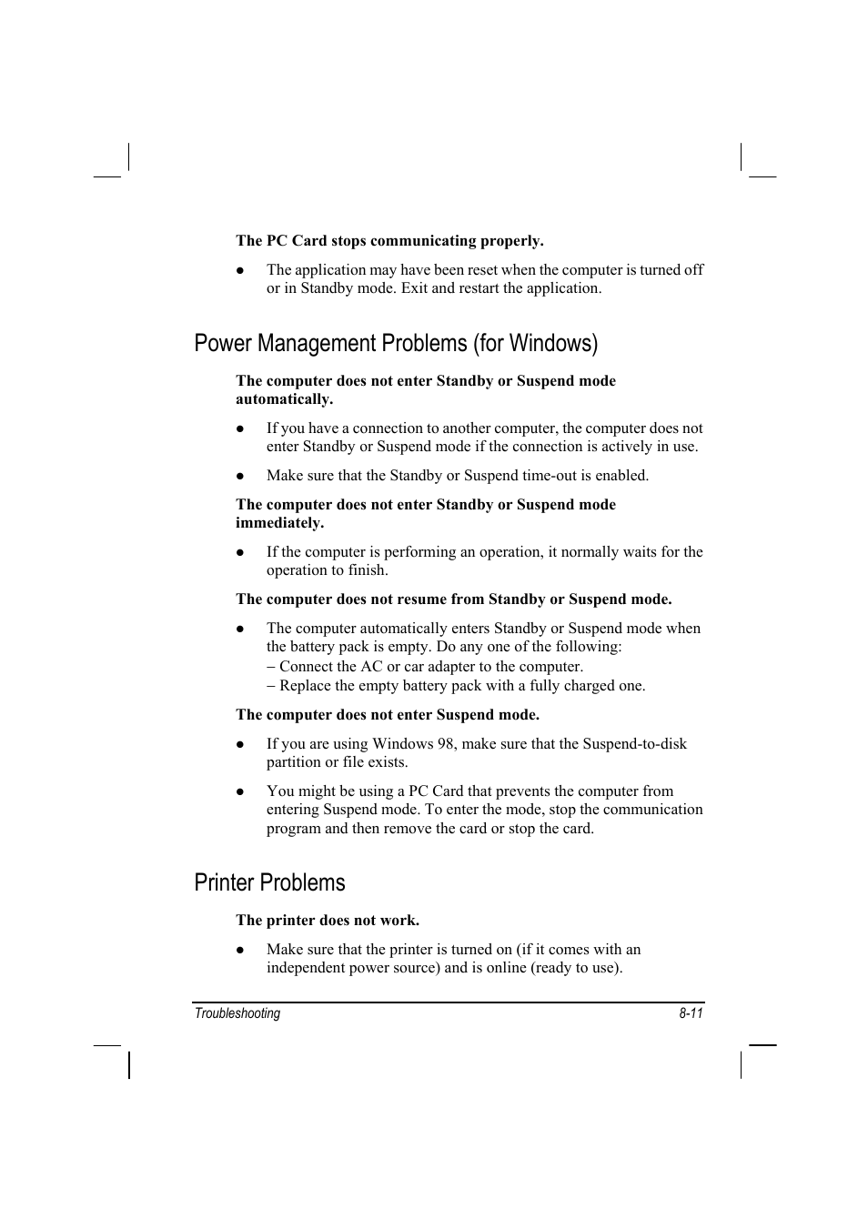Power management problems (for windows), Printer problems | TAG MIL-BOOK 10 User Manual | Page 99 / 105