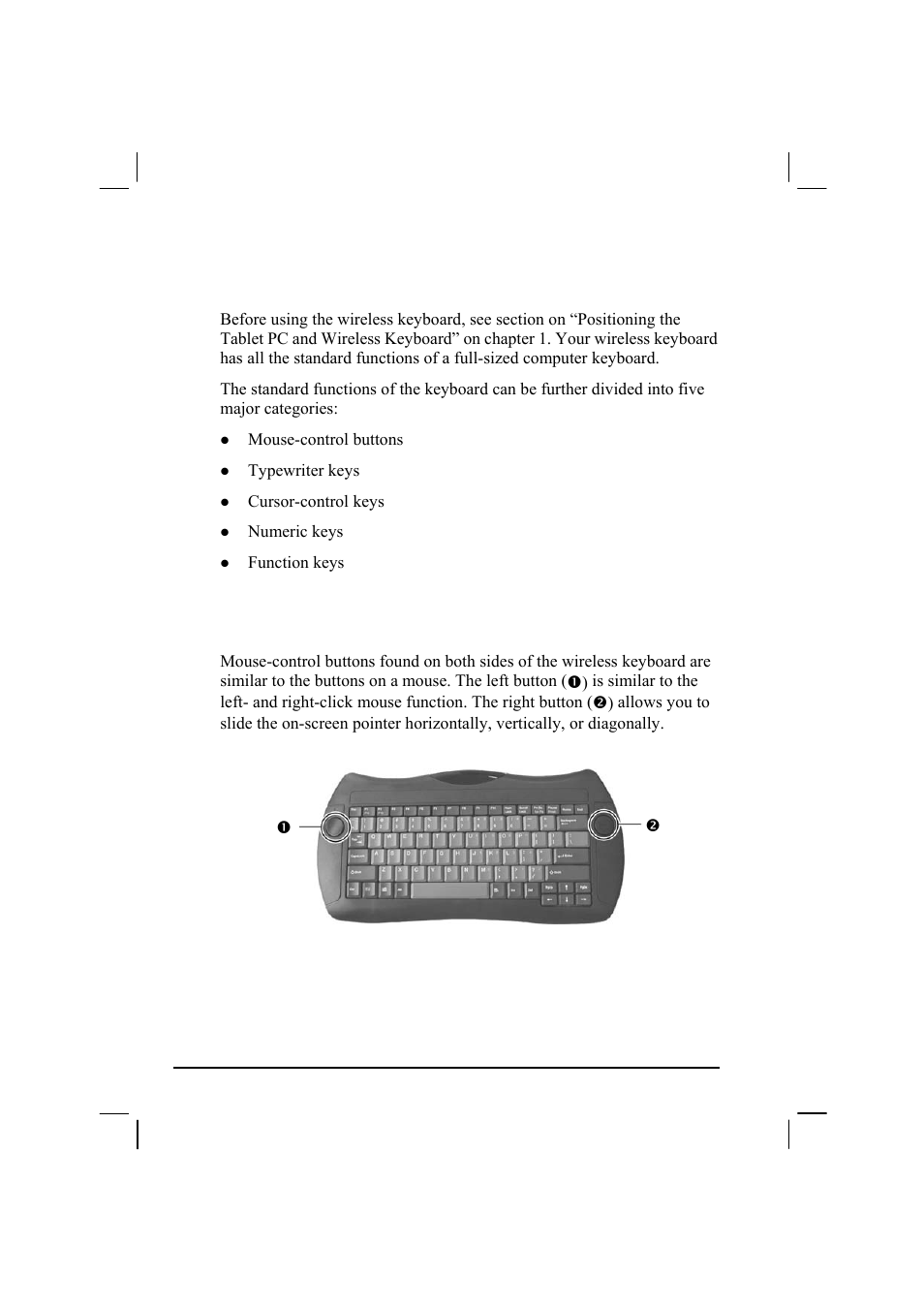 Using the wireless keyboard (option), Mouse-control buttons | TAG 20 User Manual | Page 42 / 147