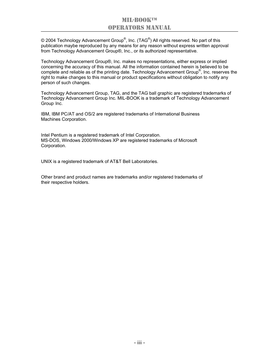 Mil-book™ operators manual | TAG 1000 User Manual | Page 3 / 64