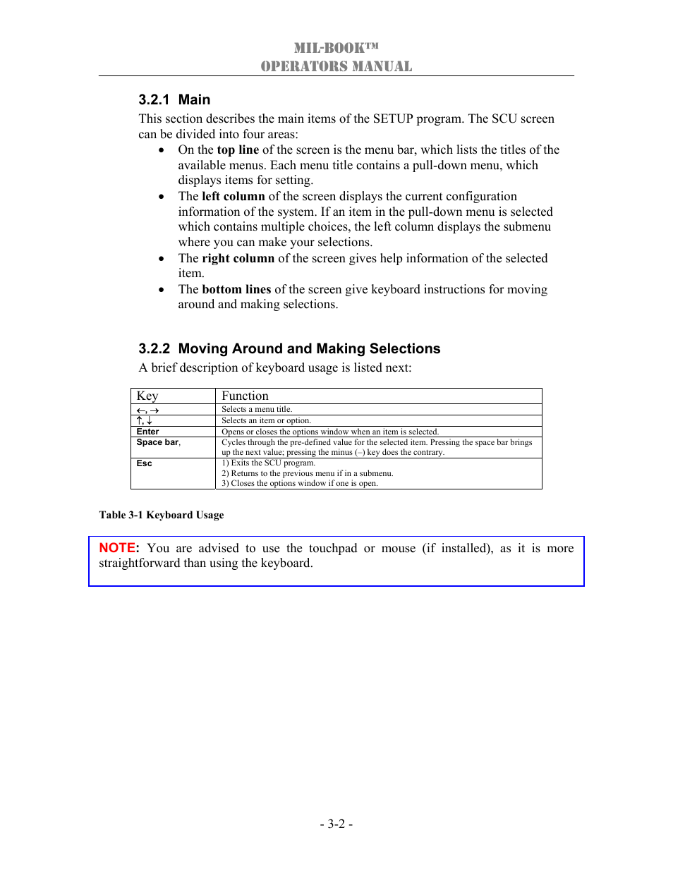 Mil-book™ operators manual, 1 main, 2 moving around and making selections | TAG 1000 User Manual | Page 54 / 64