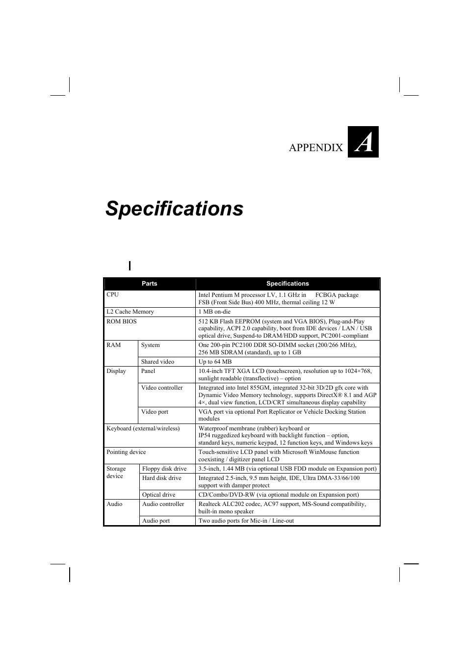 Specifications, Appendix | TAG MIL-BOOK 20 Series User Manual | Page 134 / 147