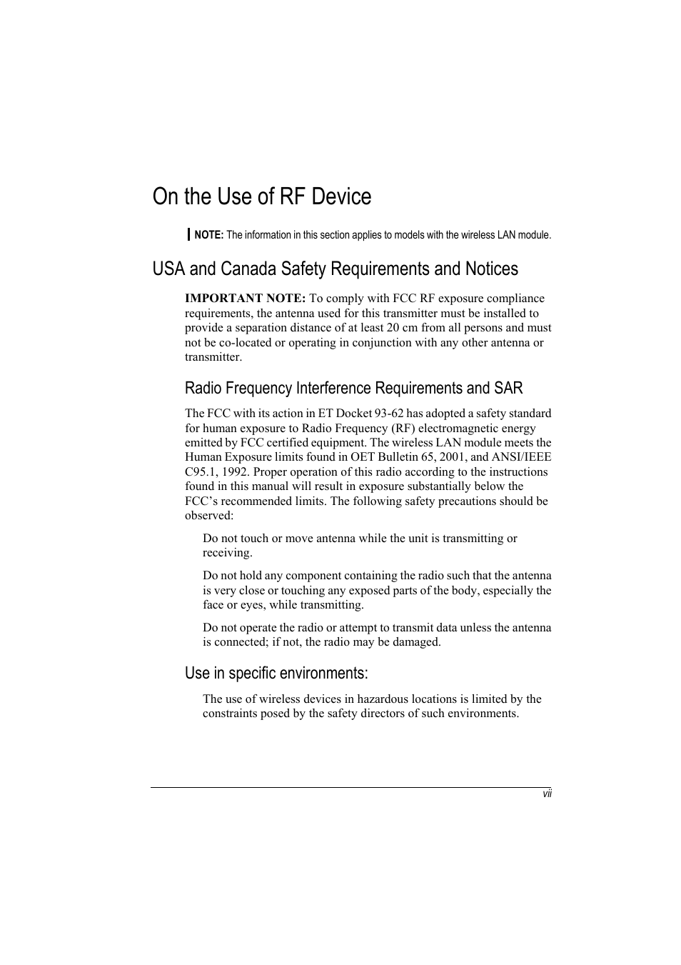 On the use of rf device, Usa and canada safety requirements and notices, Radio frequency interference requirements and sar | Use in specific environments | TAG MIL-BOOK 20 Series User Manual | Page 9 / 147