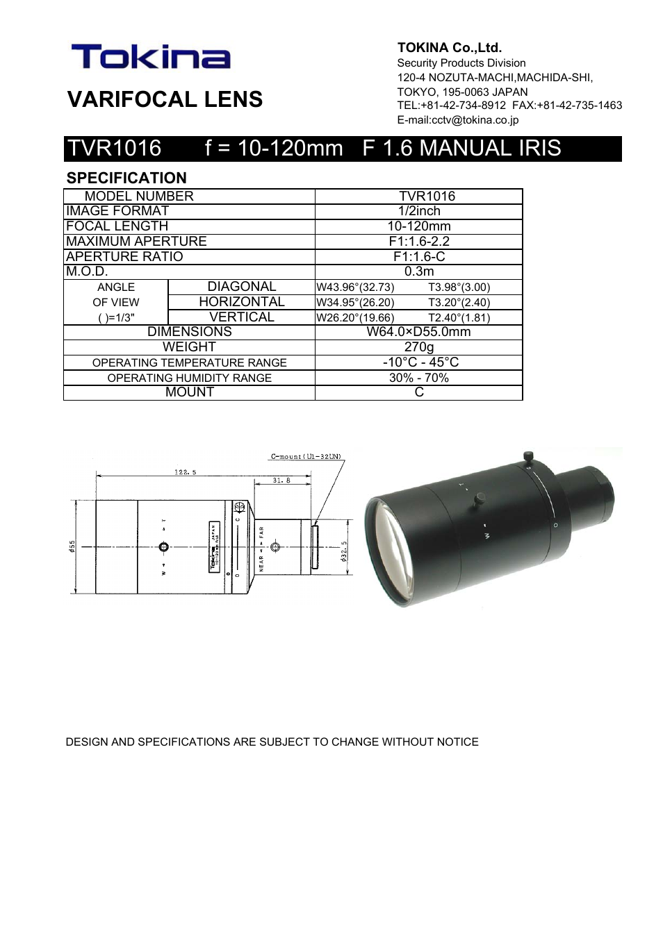 Tokina VARIFOCAL LENS TVR1016 User Manual | 1 page