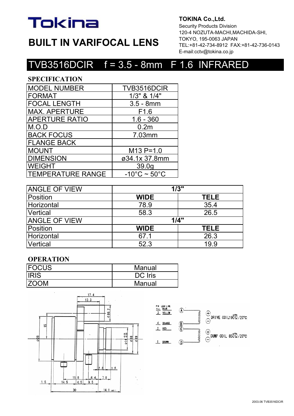 Tokina BUILT IN VARIFOCAL LENS TVB3516DCIR User Manual | 1 page