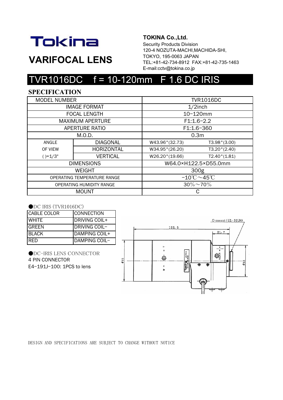 Tokina VARIFOCAL LENS TVR1016DC User Manual | 1 page