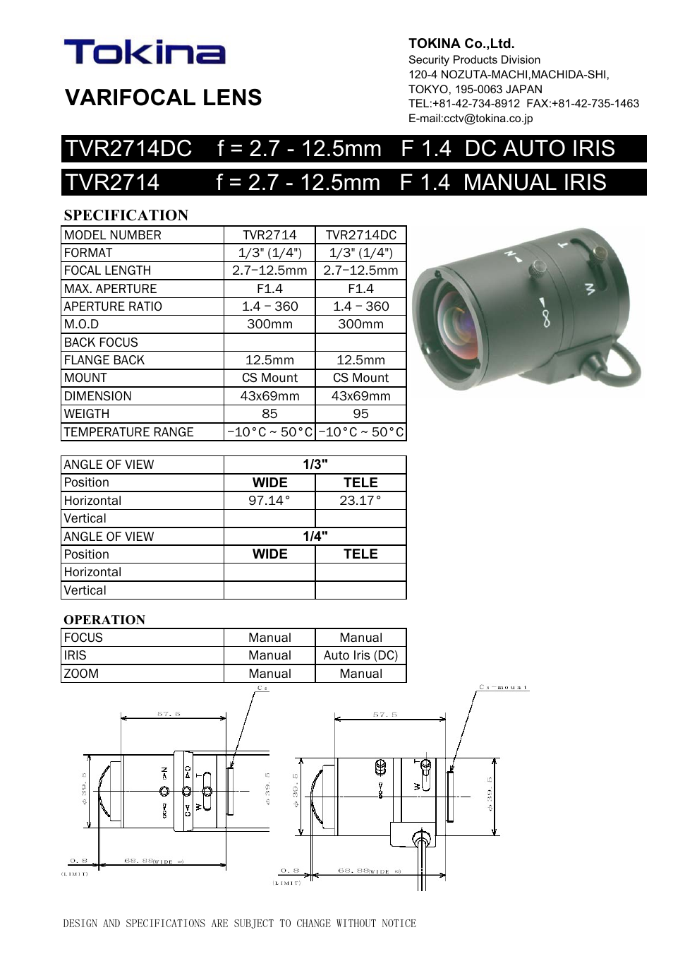 Tokina Varifocal Lens TVR2714DC User Manual | 1 page