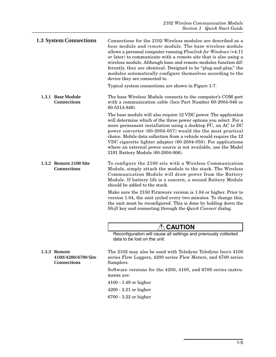 3 system connections, 1 base module connections, 2 remote 2100 site connections | 3 remote 4100/4200/6700 site connections, 3 system connections -5, Caution | Teledyne WIRELESS COMMUNICATION MODULE 2102 User Manual | Page 11 / 38