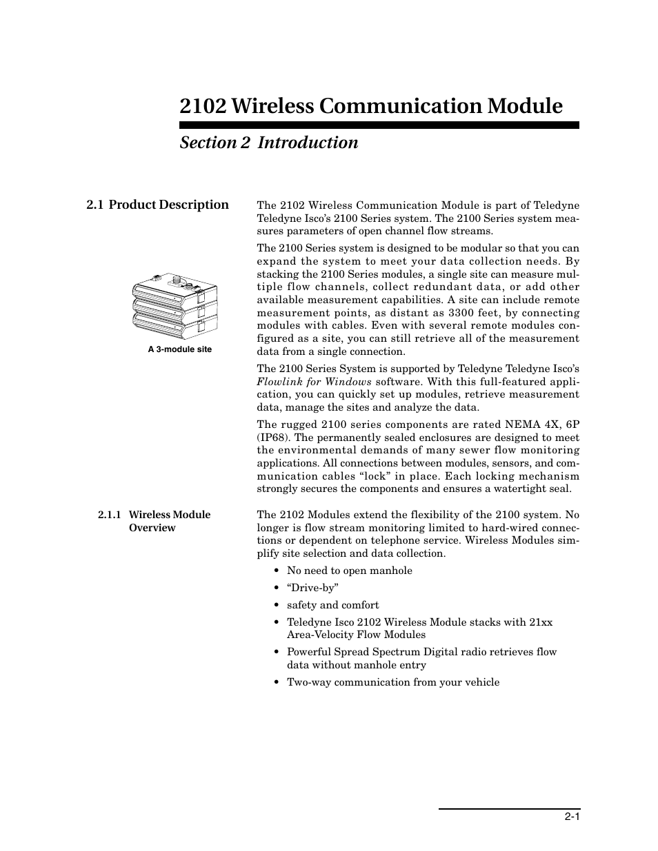 Section 2 introduction, 1 product description, 1 wireless module overview | 1 product description -1, 1 wireless module overview -1, Section 2, introduction, 2102 wireless communication module | Teledyne WIRELESS COMMUNICATION MODULE 2102 User Manual | Page 13 / 38