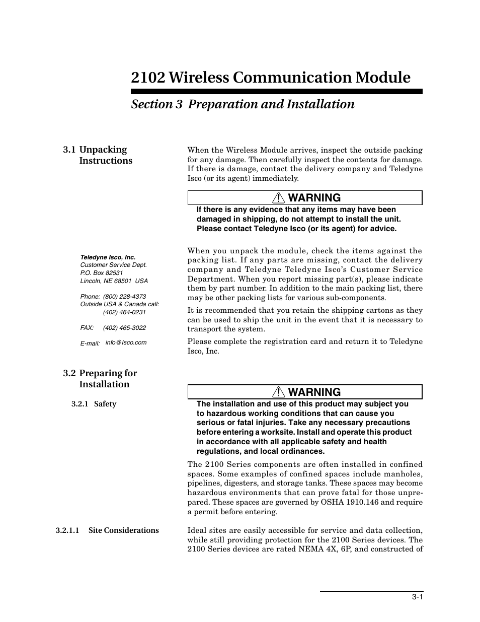 Section 3 preparation and installation, 1 unpacking instructions, 2 preparing for installation | 1 safety, 1 safety -1, Site considerations 1, Section 3, preparation and installation, 2102 wireless communication module, Warning | Teledyne WIRELESS COMMUNICATION MODULE 2102 User Manual | Page 19 / 38