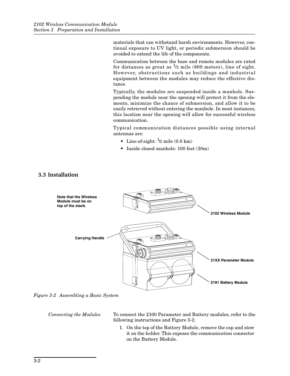 3 installation, 3 installation -2, 2 assembling a basic system -2 | Teledyne WIRELESS COMMUNICATION MODULE 2102 User Manual | Page 20 / 38