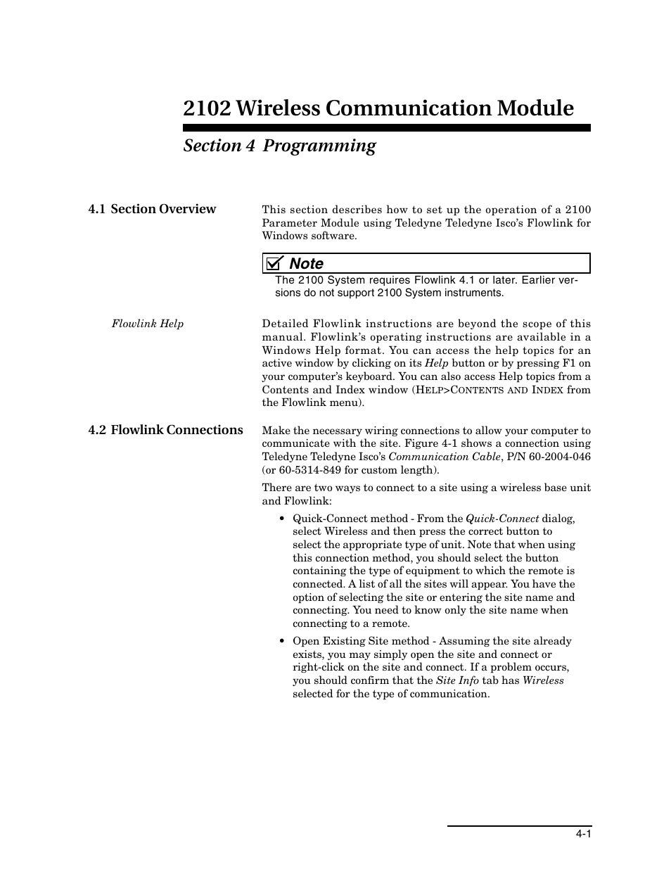 Section 4 programming, 1 section overview, 2 flowlink connections | 1 section overview -1 4.2 flowlink connections -1, Section 4, programming, 2102 wireless communication module | Teledyne WIRELESS COMMUNICATION MODULE 2102 User Manual | Page 25 / 38