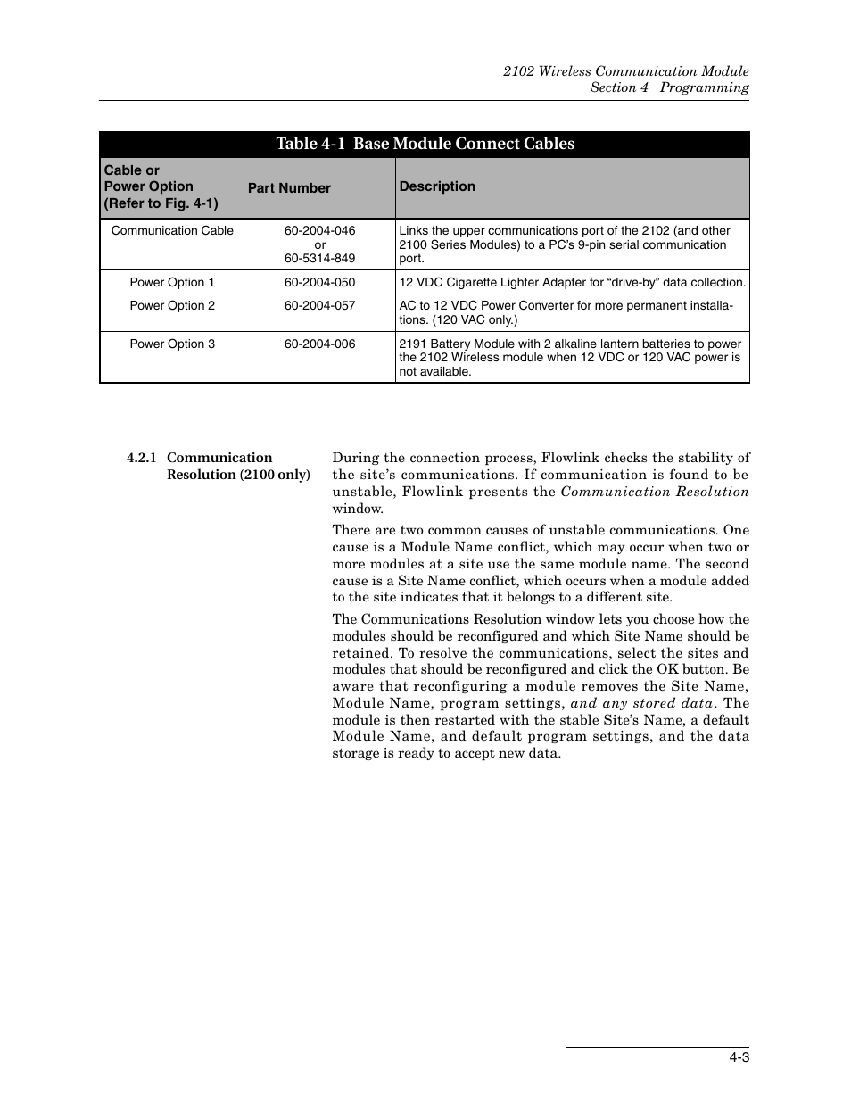 1 communication resolution (2100 only), 1 communication resolution (2100 only) -3, 1 base module connect cables -3 | Teledyne WIRELESS COMMUNICATION MODULE 2102 User Manual | Page 27 / 38